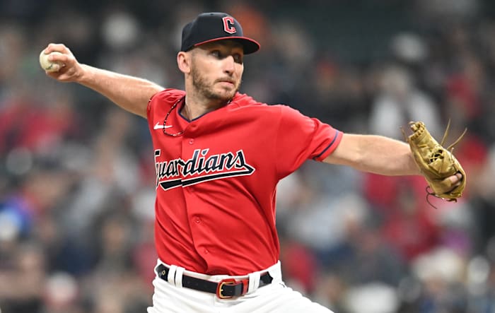 Jun 7, 2023; Cleveland, Ohio, USA; Cleveland Guardians relief pitcher Trevor Stephan (37) throws a pitch during the eighth inning against the Boston Red Sox at Progressive Field.